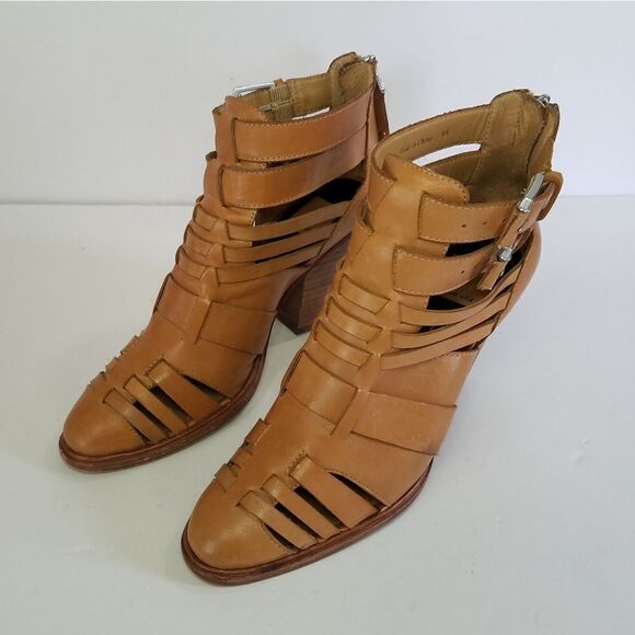 Dolce Vita Anthropologie Tan Brown Leather Helsa Caged Buckle Ankle Bootie 6.5 - Picture 8 of 12